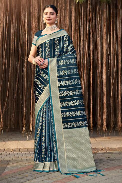 Deeva Sarees Prussian Blue Satin Silk Saree